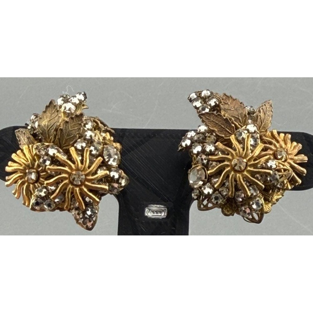 Vintage Miriam Haskell Earrings Floral Cluster Rhinestone Gold Tone Clip 1.25"